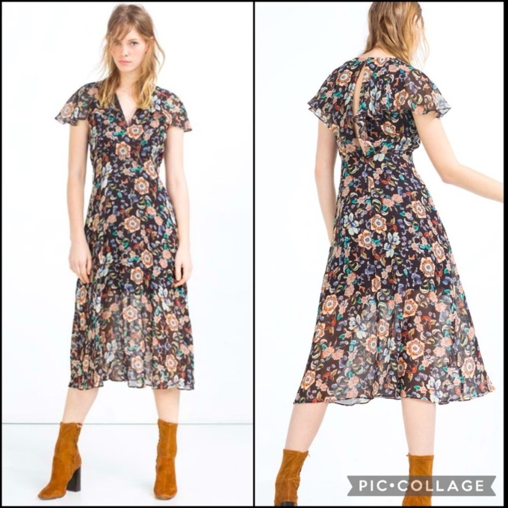 Zara Women's Black Floral Print Flutter Sleeve Midi Dress